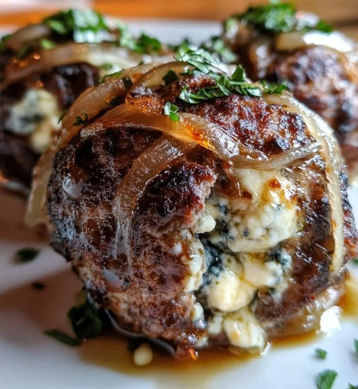 Caramelized onion and blue cheese stuffed meatballs on a plate