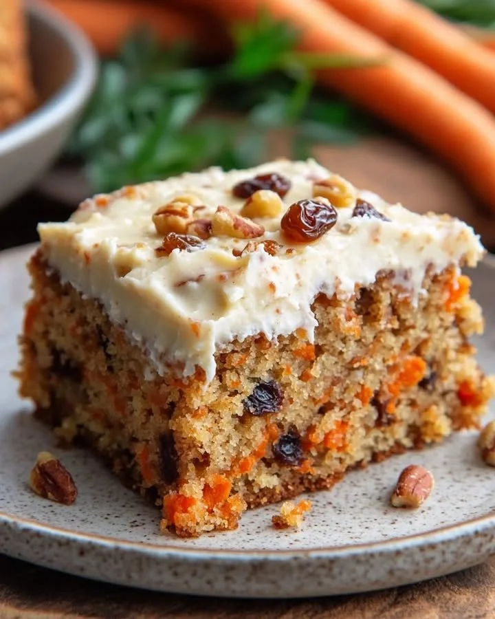Carrot Raisin Oatmeal Yogurt Cake on a decorative plate