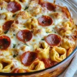 Delicious Cheese Tortellini Pepperoni Pizza Casserole dish