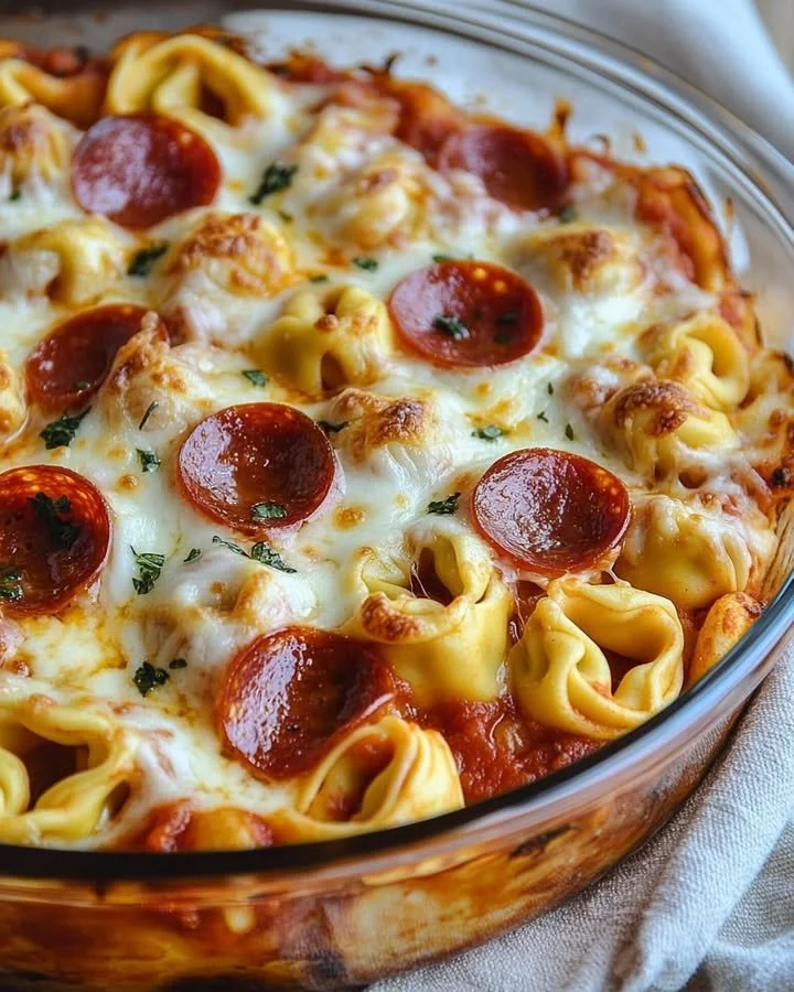 Delicious Cheese Tortellini Pepperoni Pizza Casserole dish