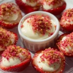 Cheesecake deviled strawberries topped with creamy filling and graham cracker crumbs