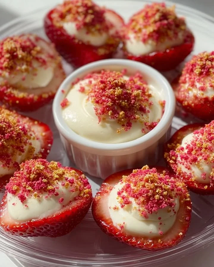 Cheesecake deviled strawberries topped with creamy filling and graham cracker crumbs