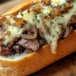 Delicious cheesesteak on garlic parmesan bread, garnished with fresh ingredients.