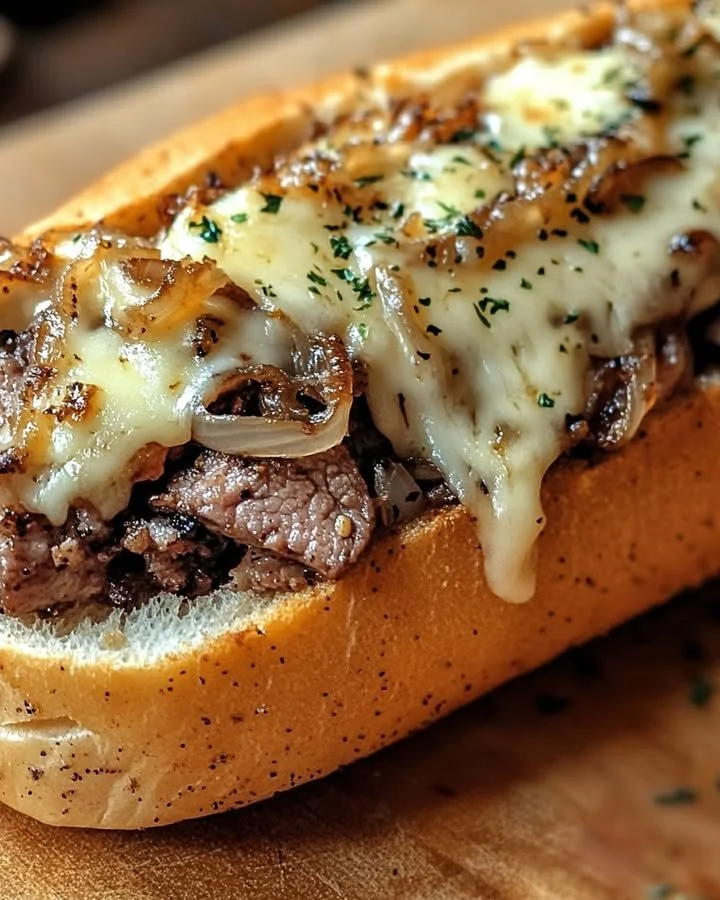 Delicious cheesesteak on garlic parmesan bread, garnished with fresh ingredients.