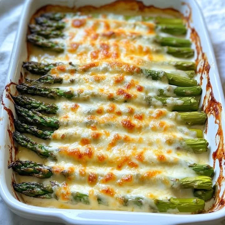 Cheesy baked asparagus topped with melted cheese and breadcrumbs, garnished with herbs.