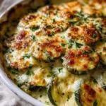 Cheesy baked zucchini gratin served in a baking dish with golden cheese on top.
