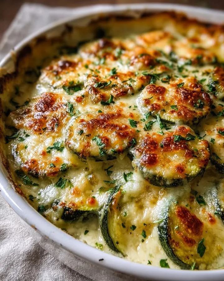 Cheesy baked zucchini gratin served in a baking dish with golden cheese on top.