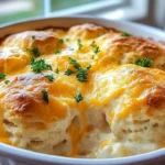 Cheesy chicken biscuit casserole served on a plate with herbs and cheese