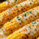 Cheesy garlic butter corn on the cob, garnished and ready to serve.