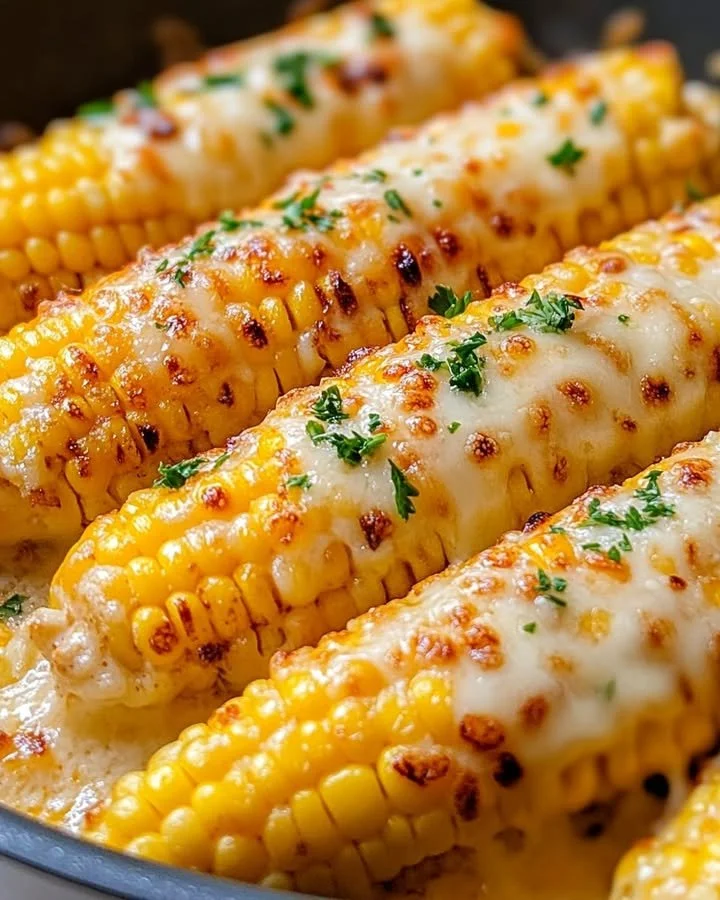 Cheesy garlic butter corn on the cob, garnished and ready to serve.
