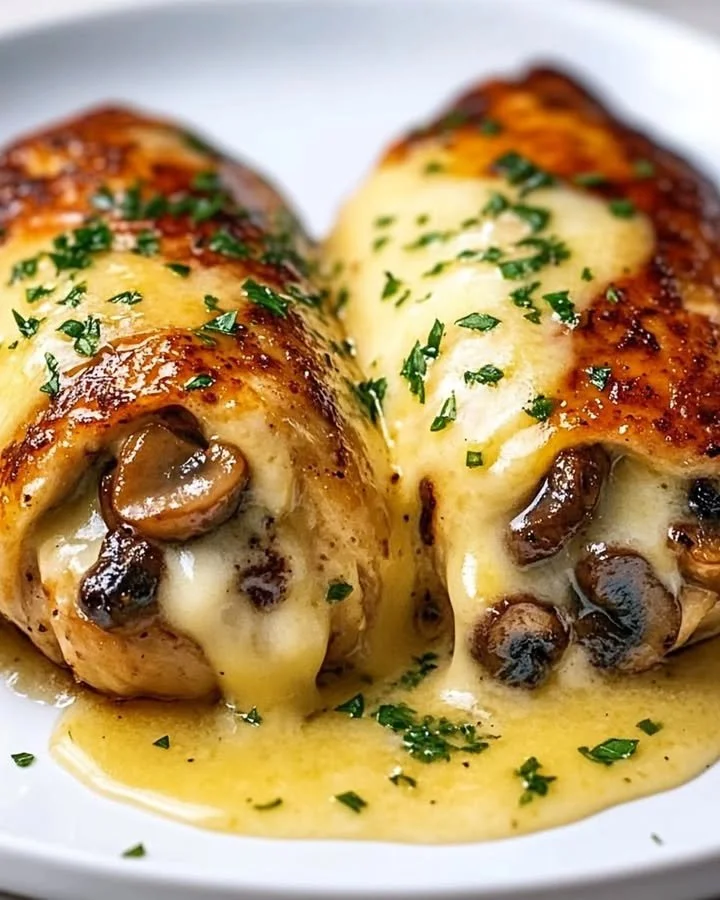 Cheesy garlic mushroom chicken rolls on a plate ready to be served