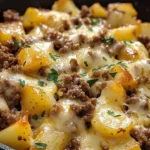 Cheesy ground beef and potato skillet topped with melted cheese in a skillet pan
