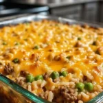 Cheesy ground beef rice casserole in a baking dish