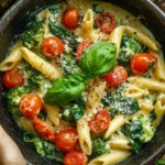 Bowl of cheesy penne pasta with cherry tomatoes, spinach, and broccoli