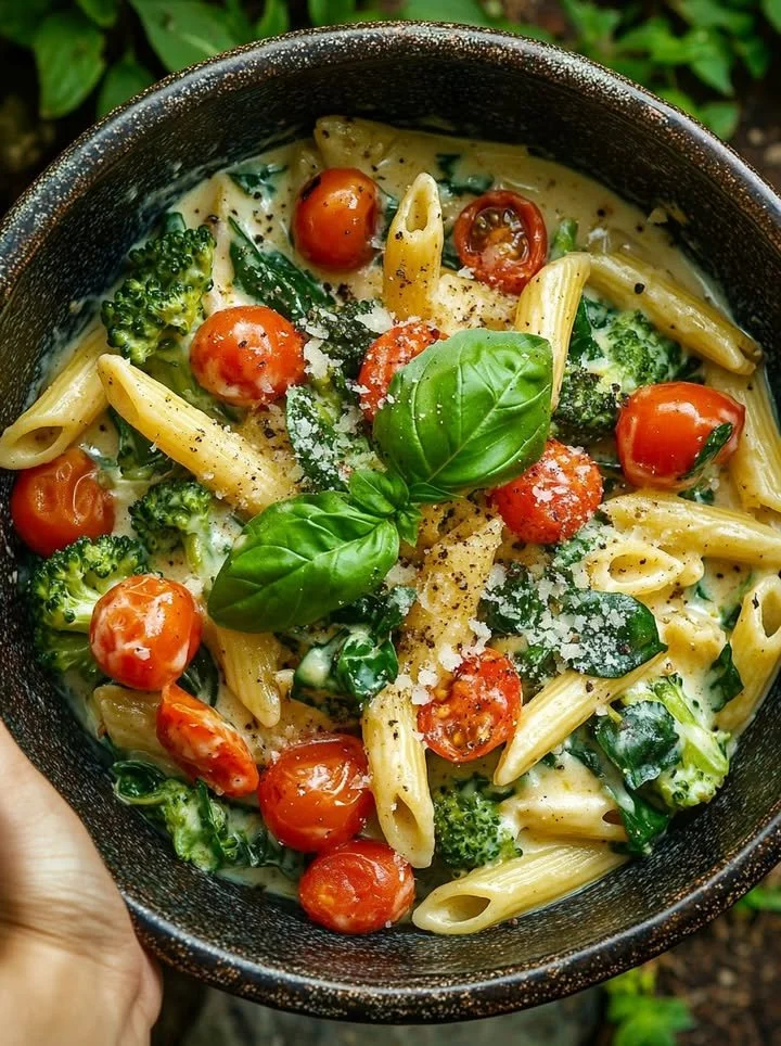 Bowl of cheesy penne pasta with cherry tomatoes, spinach, and broccoli