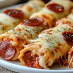 Cheesy pepperoni pizza roll-ups served on a plate