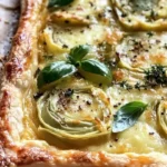 Cheesy puff pastry with artichokes and herbs on a plate