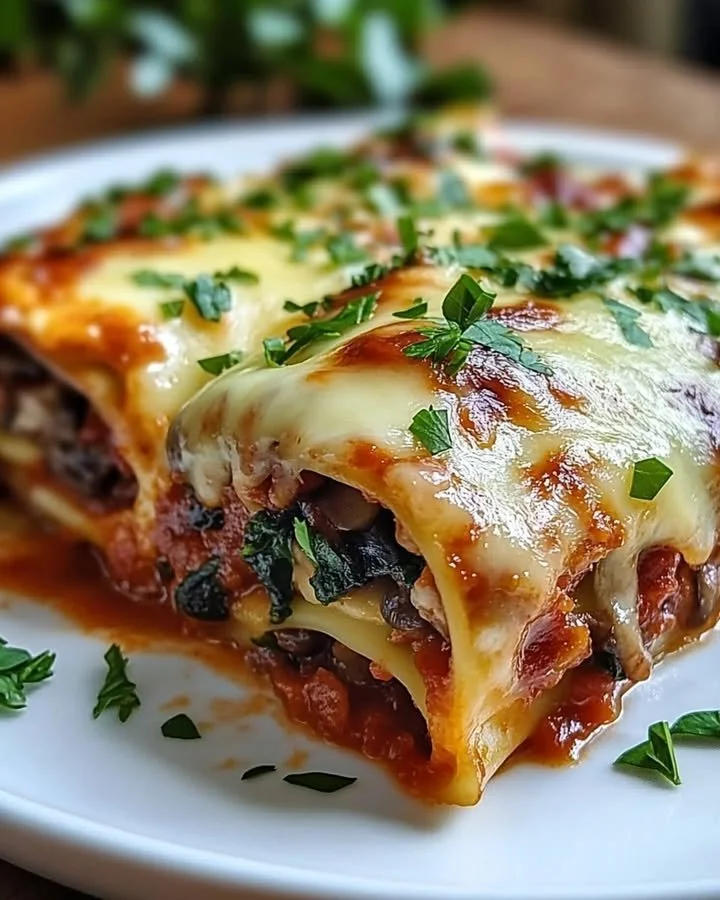 Cheesy Vegan Mushroom and Spinach Lasagna Rolls served in a dish