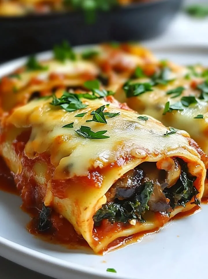 Cheesy vegan mushroom and spinach lasagna rolls on a plate.