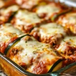 Cheesy zucchini lasagna roll-ups served with marinara sauce on a plate