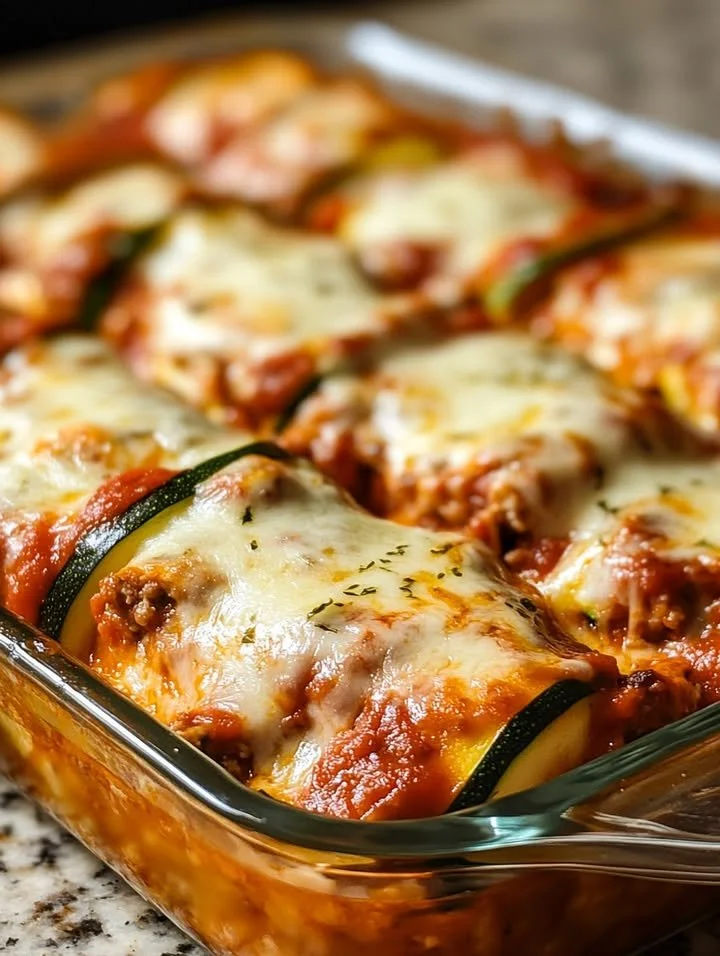 Cheesy zucchini lasagna roll-ups served with marinara sauce on a plate