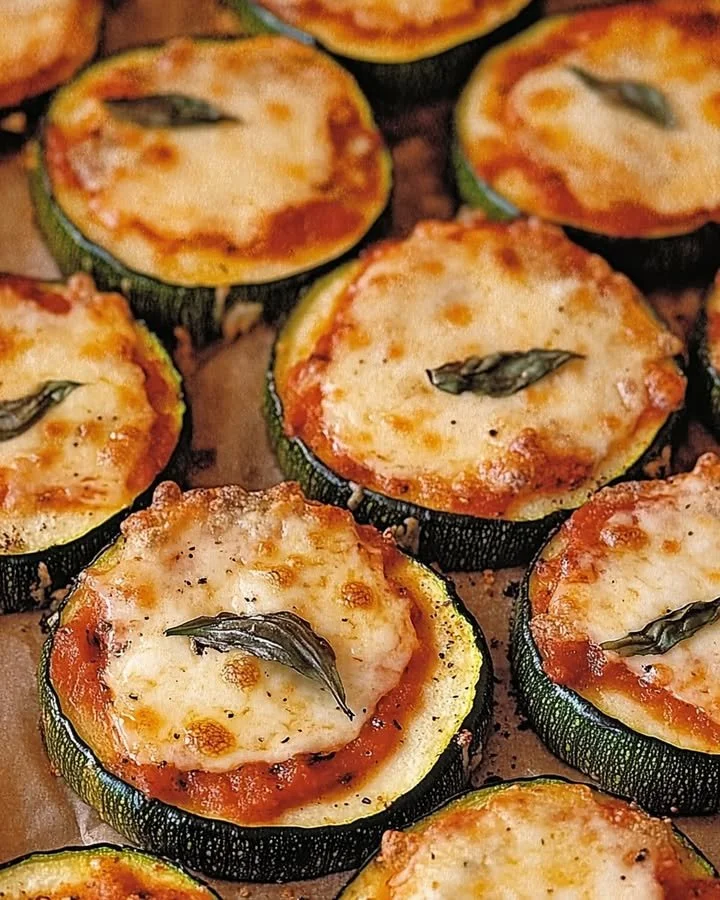 Cheesy Zucchini Pizza Bites topped with fresh ingredients and melted cheese