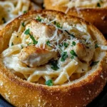 Chicken Alfredo Garlic Bread Bowls with creamy sauce and tender chicken