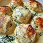 Plate of Chicken Ricotta Meatballs with Spinach Parmesan Sauce garnished with herbs.