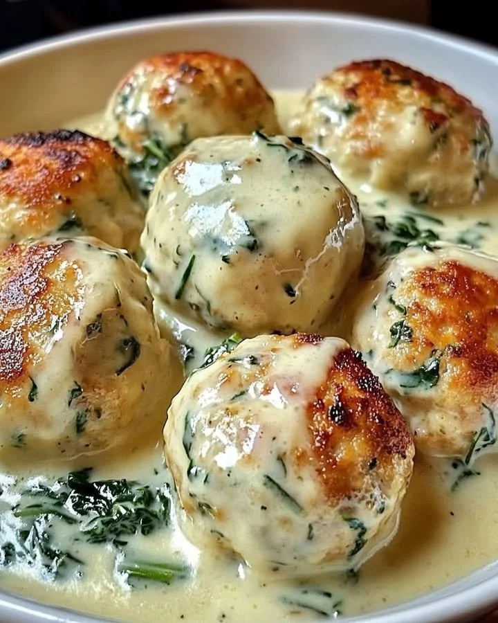 Plate of Chicken Ricotta Meatballs with Spinach Parmesan Sauce garnished with herbs.