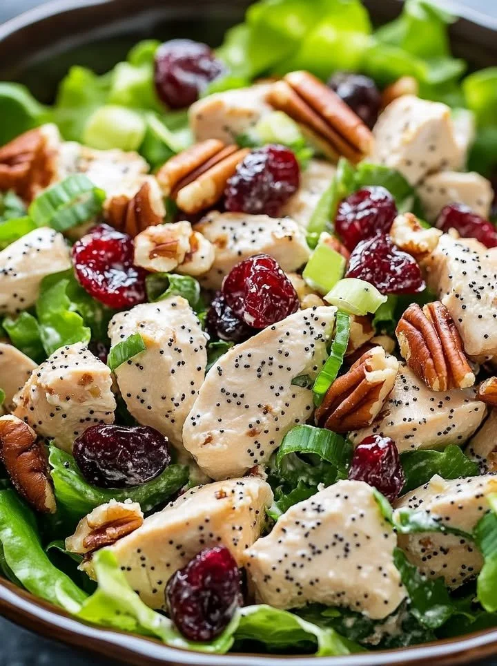 Chicken salad with poppy seed dressing served in a bowl