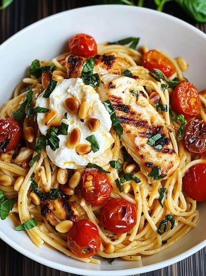 Plate of Chicken Spaghetti with burrata and lemon butter garlic sauce