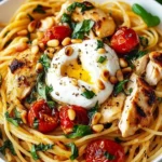 Creamy chicken spaghetti dish topped with burrata cheese for a gourmet touch