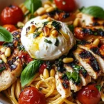 Delicious Chicken Spaghetti with Burrata and Lemon Butter Garlic Sauce served in a bowl.