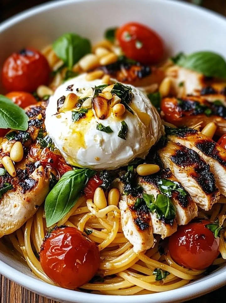 Delicious Chicken Spaghetti with Burrata and Lemon Butter Garlic Sauce served in a bowl.