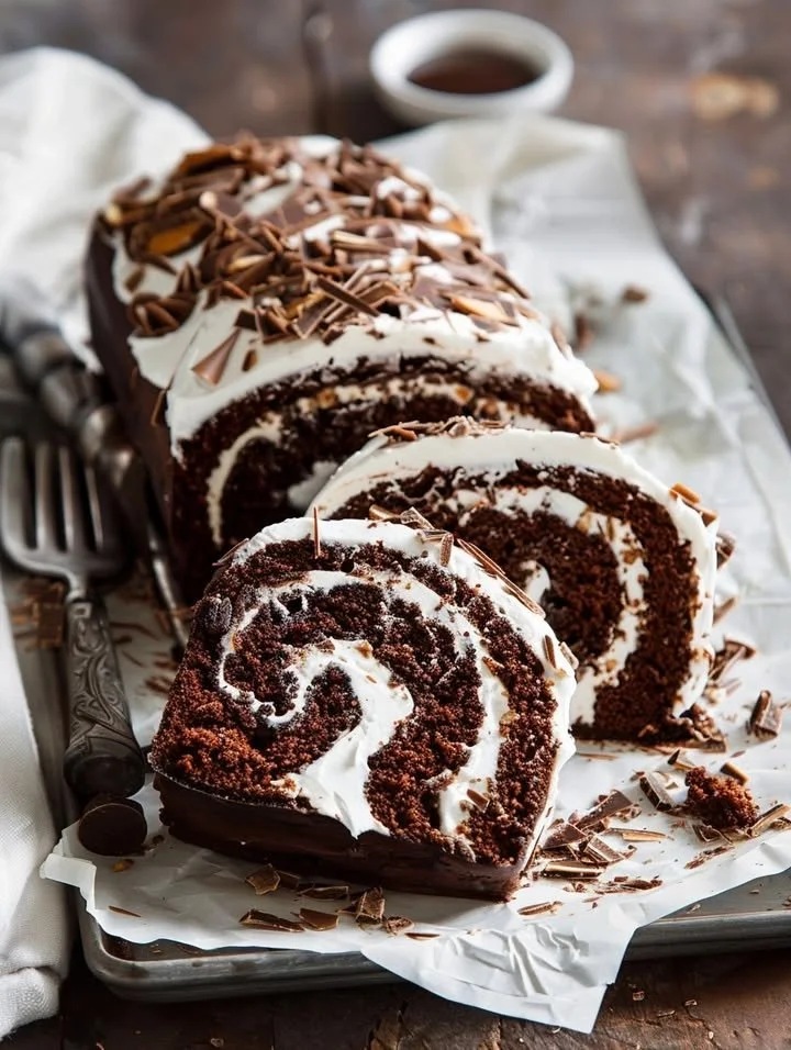 Chocolate Almond Cream Cake Roll sliced to show creamy filling and almond layers