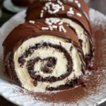 Delicious chocolate cake roll (Swiss roll) served with cream and chocolate drizzle.