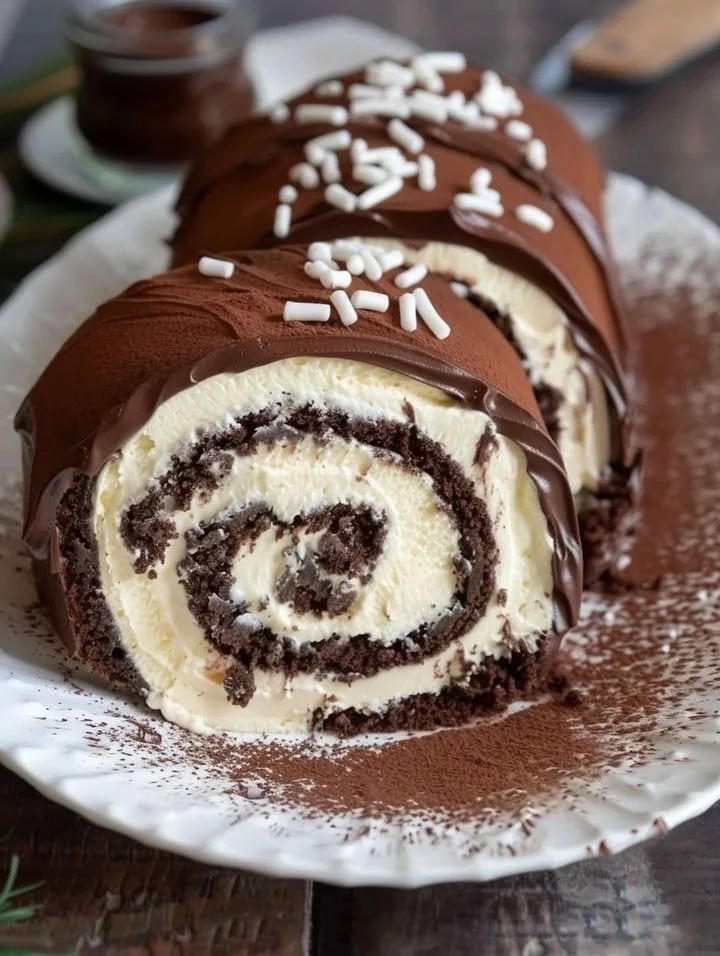Delicious chocolate cake roll (Swiss roll) served with cream and chocolate drizzle.