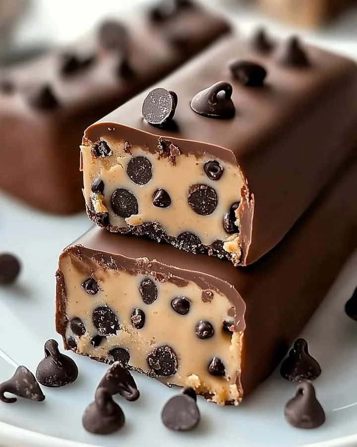Delicious chocolate chip cookie dough bars topped with chocolate chips.
