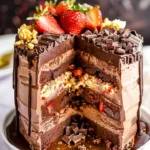 Chocolate Covered Strawberry Ice Cream Layer Cake with fresh strawberries and chocolate drizzle