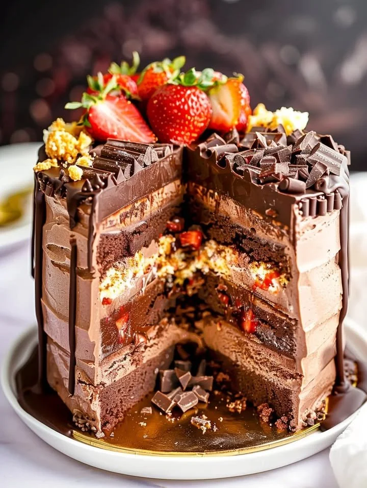 Chocolate Covered Strawberry Ice Cream Layer Cake with fresh strawberries and chocolate drizzle