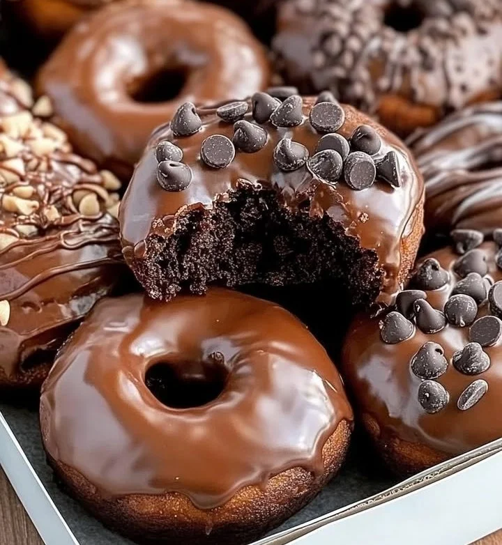 Delicious chocolate donuts topped with rich chocolate glaze and sprinkles