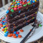 Chocolate M&M Celebration Cake decorated with colorful M&Ms