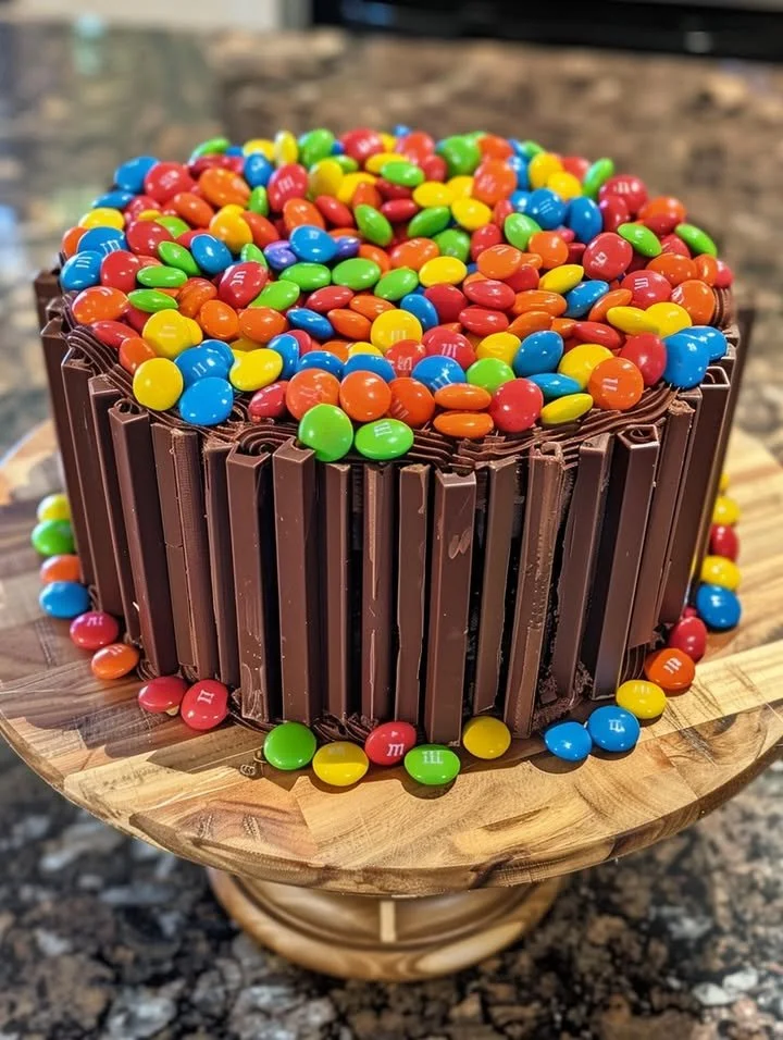 Chocolate M&M Celebration Cake with colorful candy coating