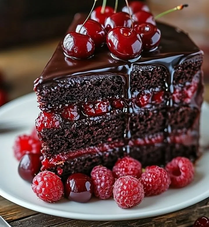 Delicious Chocolate Raspberry Truffle Cake with rich chocolate and raspberry filling