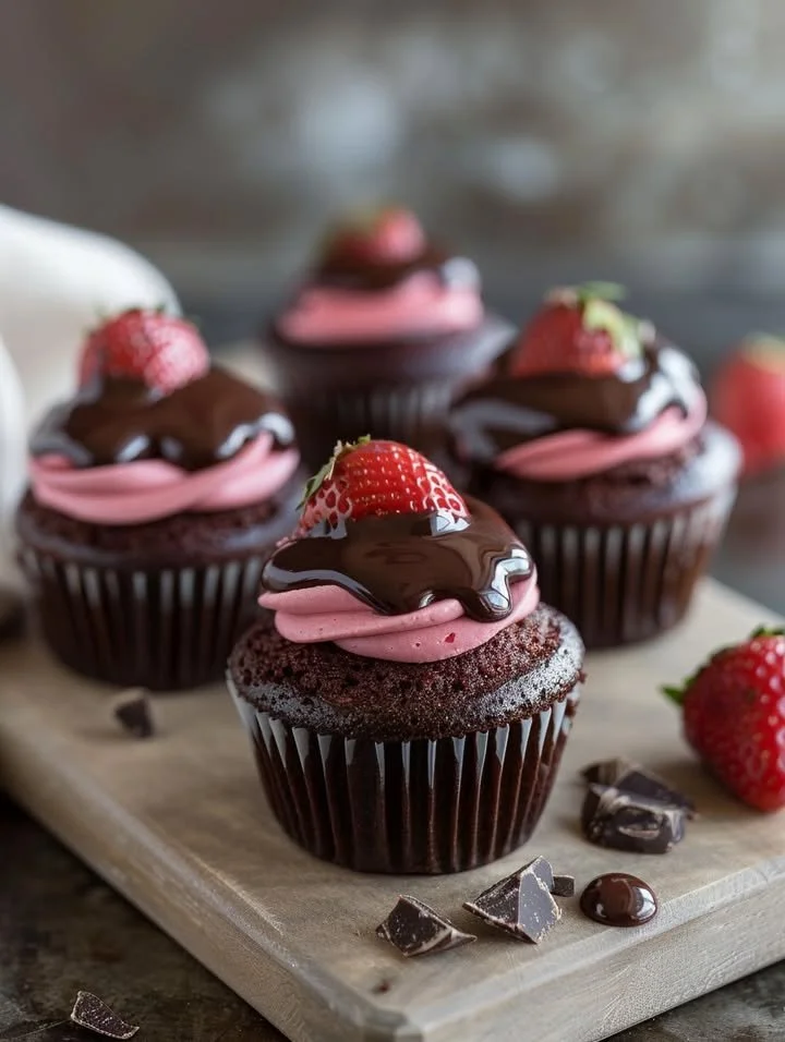 Delicious Chocolate Strawberry Cupcakes topped with fresh strawberries and chocolate frosting.