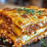 Delicious classic beef lasagna layered with rich meat sauce and cheese.