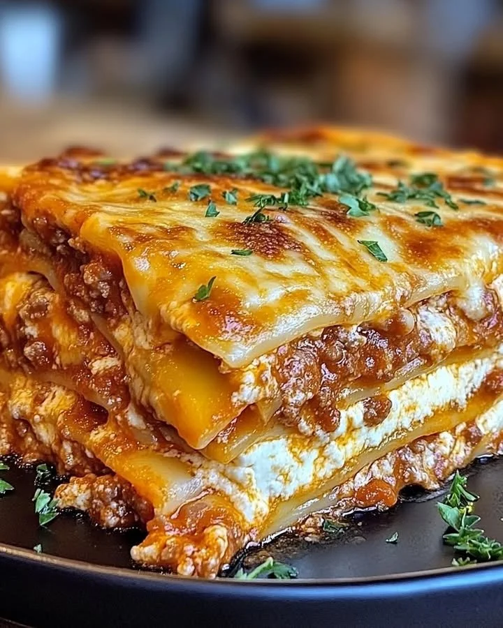 Delicious classic beef lasagna layered with rich meat sauce and cheese.