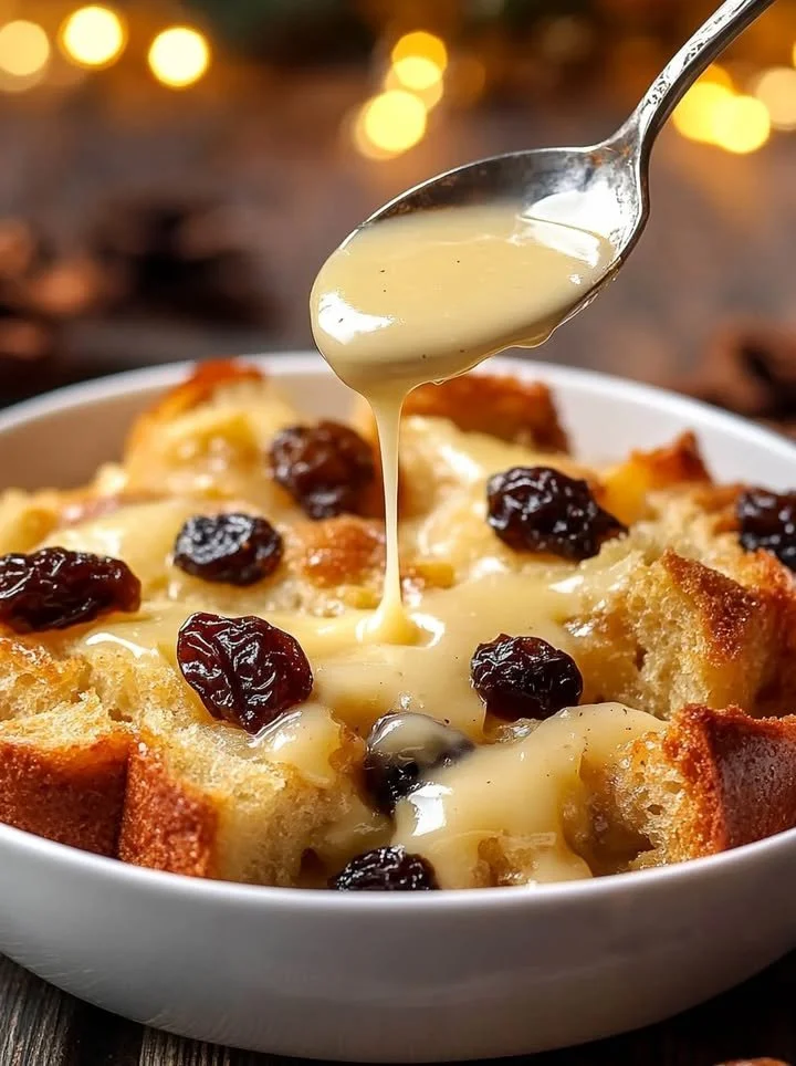 Delicious classic New Orleans bread pudding served with sauce