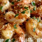 Coconut Crisp Shrimp served with flavorful springy rice on a plate