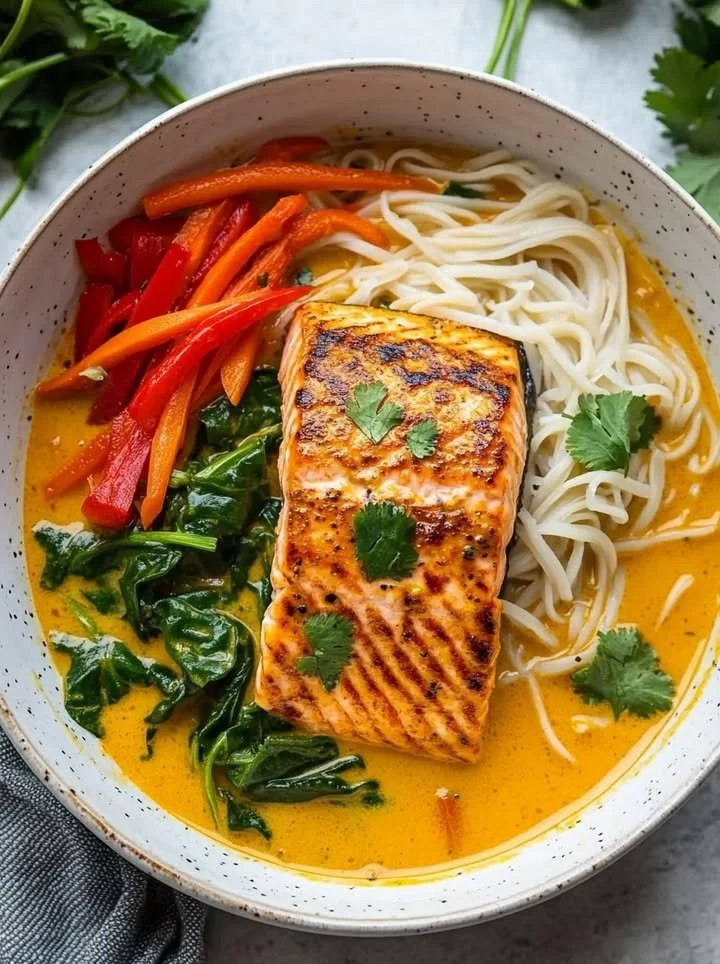 Delicious Coconut Curry Salmon served with rice noodles in a vibrant coconut sauce.